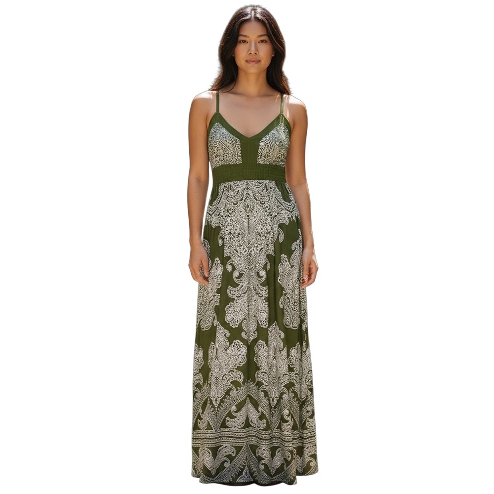 Apt. 9 Green White Paisley Smocked Back Maxi Dress Size M